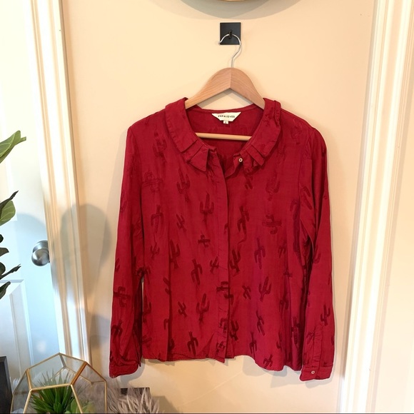 Pepaloves—Red Shirt Peter Pan Collar‎ Cactus Print in the Blink. Sz L - Picture 9 of 15